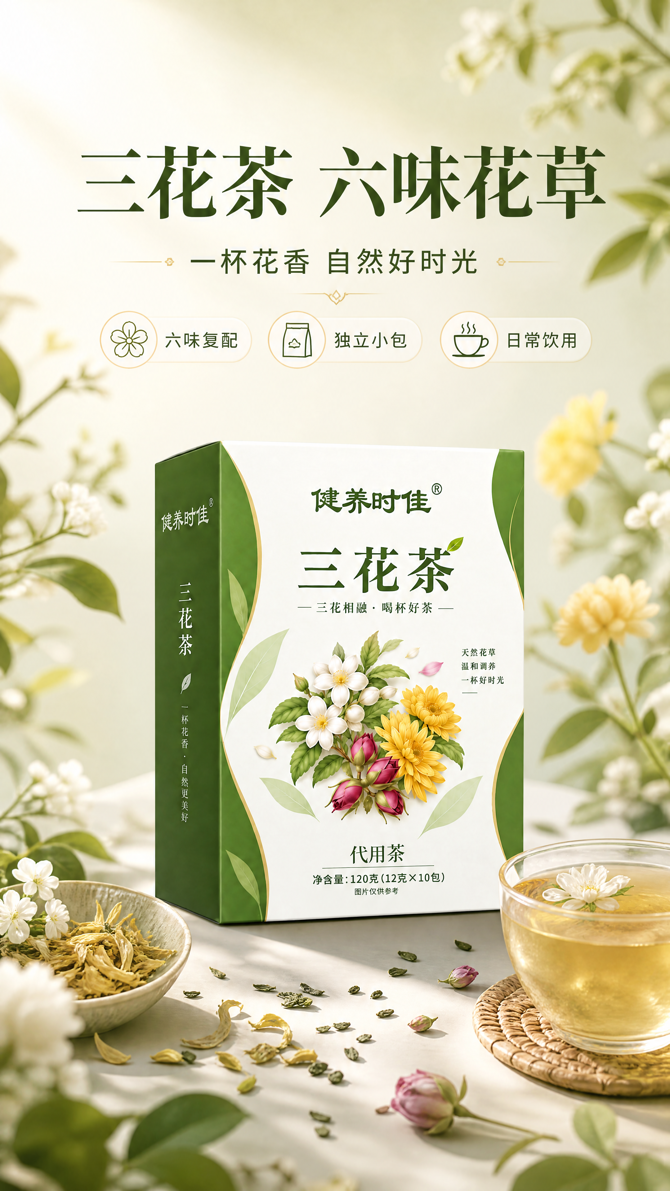 [商品] 使用【图1】健养时佳三花茶绿色包装盒；保留包装盒的结… - 图片创意预览