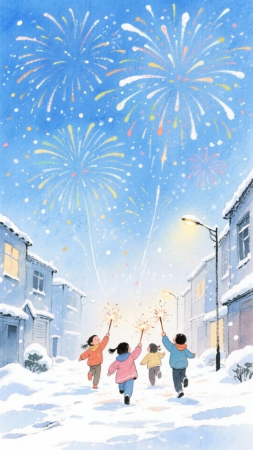 整个画面铺满银白与浅蓝交织的烟花，占画面 3/4，下方是落着薄雪的社区街道，几个孩子举着仙女棒在雪地上奔跑，背景是晕着暖光的淡蓝夜空预览效果