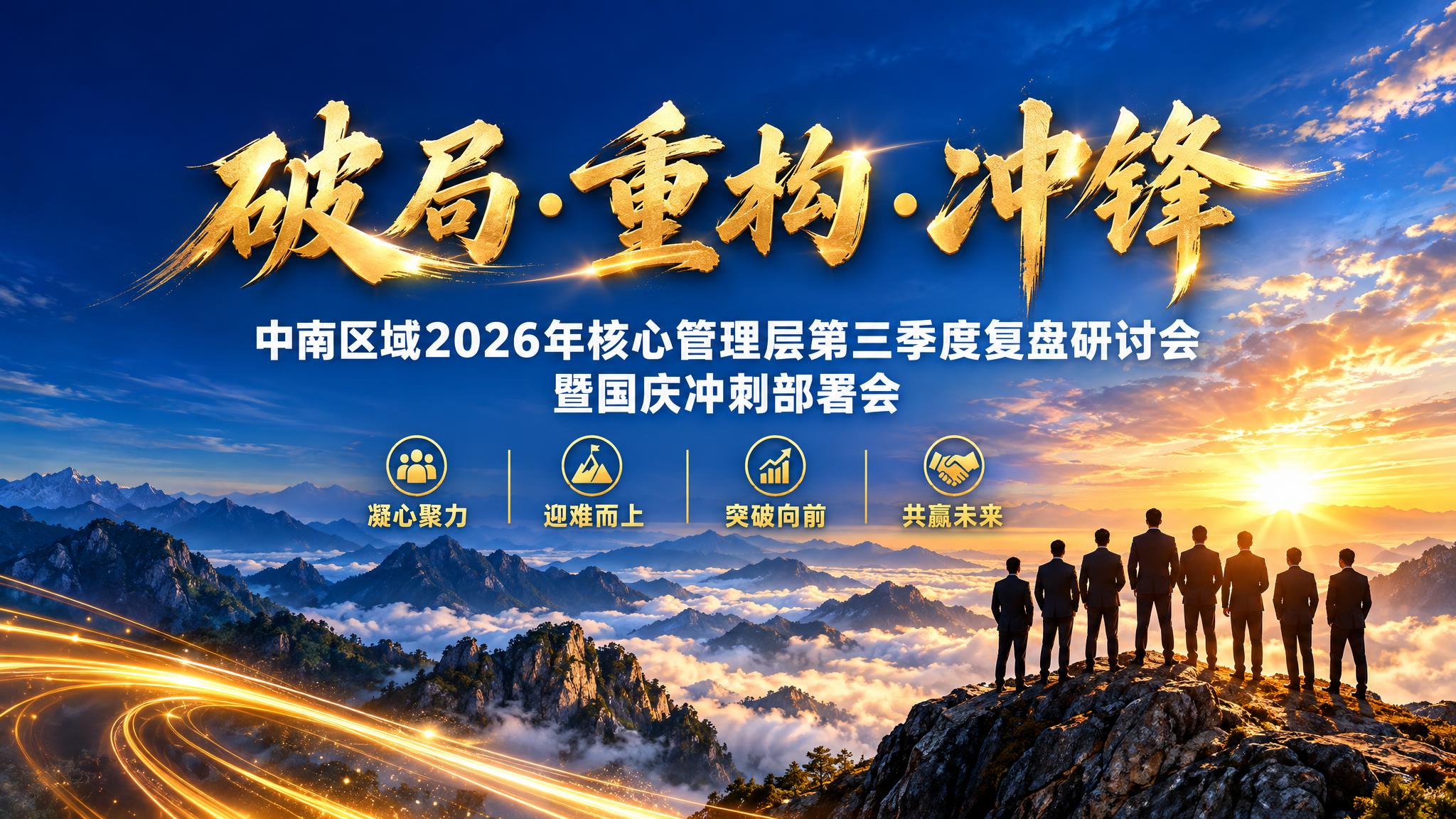 16:9横版企业会议海报，深蓝色渐变天空背景，壮丽山脉层峦叠嶂… - 图片创意预览