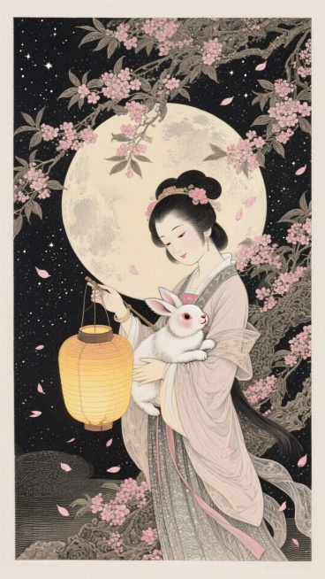 画面中心为手持灯笼的古装少女与玉兔，背景是巨大满月，四周点缀桂花枝与飘落花瓣，整体营造梦幻、温馨、喜庆氛围，视觉焦点在前景人物与玉兔，中景为发光满月，背景为深邃星空。预览效果