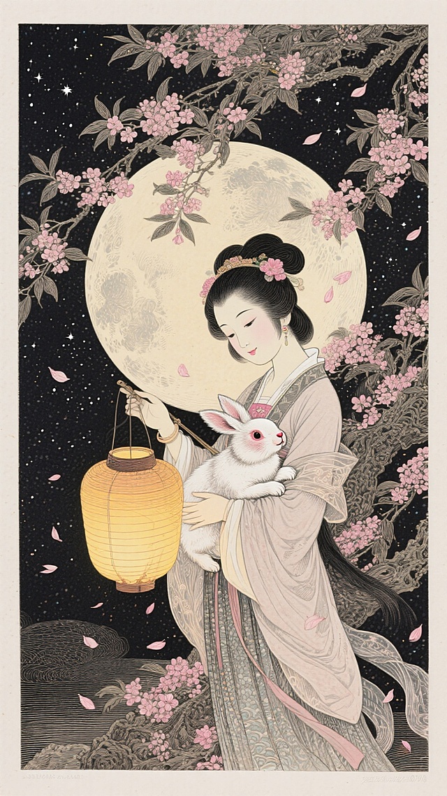 工笔风融合浮世绘，古典中式女子怀抱玉兔，提灯望月，樱花纷飞，静谧浪漫，尽显中秋唯美意境。