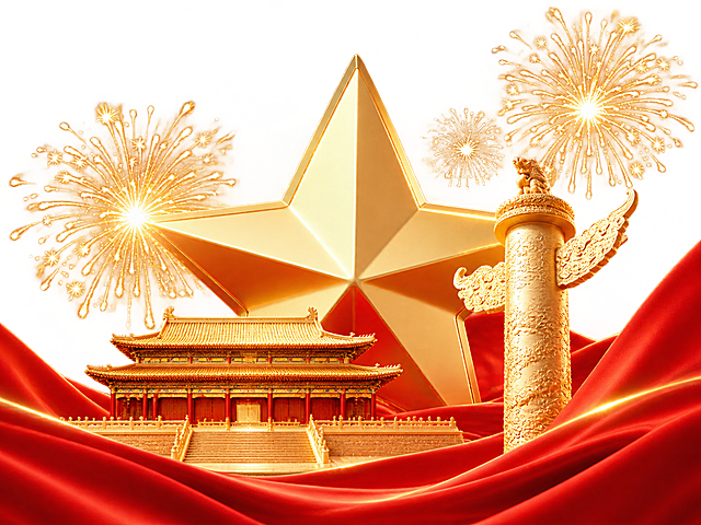 参考图片的金色立体五角星、华表、中式古建筑、金色烟花、红色绸缎的元素与风格，重新生成画面内容，保持整体金色与红色的喜庆庄重色调，3D立体金属质感，精致细腻的光影效果，透明背景，党政风格，高清细节