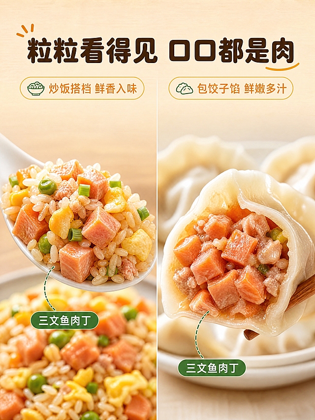 [商品] 使用【图1】蛋炒饭中的三文鱼肉丁和【图3】饺子馅中的三文鱼肉丁；保留肉丁橙红色泽、颗粒形态、与米饭/肉馅混合的真实状态；增强肉丁纹理清晰度与食欲感。
[画面] 目标：口感质地特写，展示肉丁在不同做法中的饱满质感。动作瞬间型构图；画面左侧为勺子舀起带三文鱼肉丁的蛋炒饭特写，右侧为掰开的饺子露出三文鱼丁肉馅特写；双拼左右分栏，中间用细线分隔；每侧主体占各自区域70%，肉丁颗粒清晰可见，油润有光泽；背景为浅暖米色。
[视觉] 套系策略：风格=温馨家常食欲风商业摄影；标题字=圆润粗黑体；正文字=简洁无衬线体；主色=暖橙三文鱼色；背景延展=基于暖橙做深浅层级、同色渐变和细腻木纹/米白纸张质感；强调色=深翠绿，仅用于小面积图标、引线和标签；标题色=深暖棕；正文色=中暖灰；组件=圆角浅底信息卡、细线引线、胶囊形标签；光影=左前侧暖柔光，自然柔和阴影。
[文字] 顶部居中主标题「粒粒看得见 口口都是肉」，下方左右各配1个短句标签：左侧「炒饭搭档 鲜香入味」，右侧「包饺子馅 鲜嫩多汁」；文字不遮挡肉丁主体。
[规格] 图片比例3:4竖版，4K分辨率，负向提示：避免变形、错字、文字过小、冷蓝背景、肉丁颜色改变、极限词。