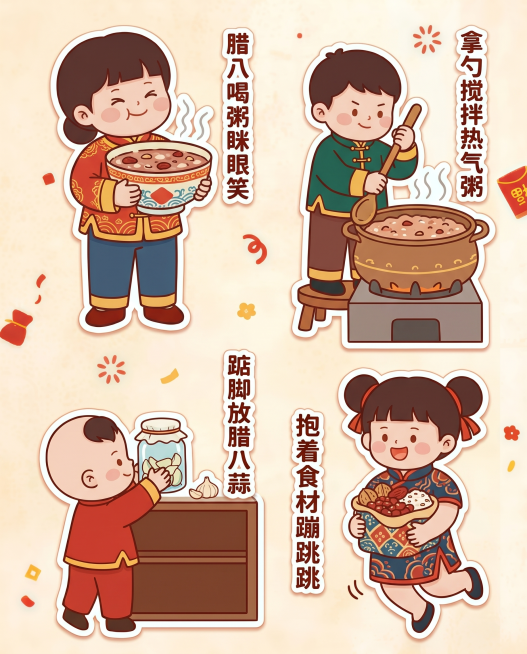 参考参考图的国潮新中式扁平卡通风格，生成腊八春节主题不同造型、服装、动作的Q版孩童人物，动作包括：捧着大碗喝腊八粥眯眼满足笑、拿着勺子搅拌冒热气的锅里的粥、端着腊八蒜罐子踮脚放阴凉处、抱着米豆枣食材蹦预览效果