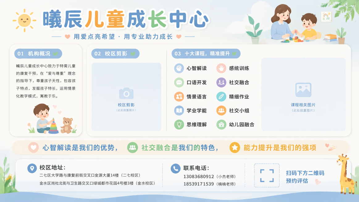 帮我生成一个2.66mx1m的横向展板，内容为：曦辰儿童成长中心
第一部分：机构概况
曦辰儿童成长中心致力于特需儿童的康复干预，在“爱与尊重”理念的指导下，尊重孩子天性，包容孩子特点，发掘孩子特长，运预览效果