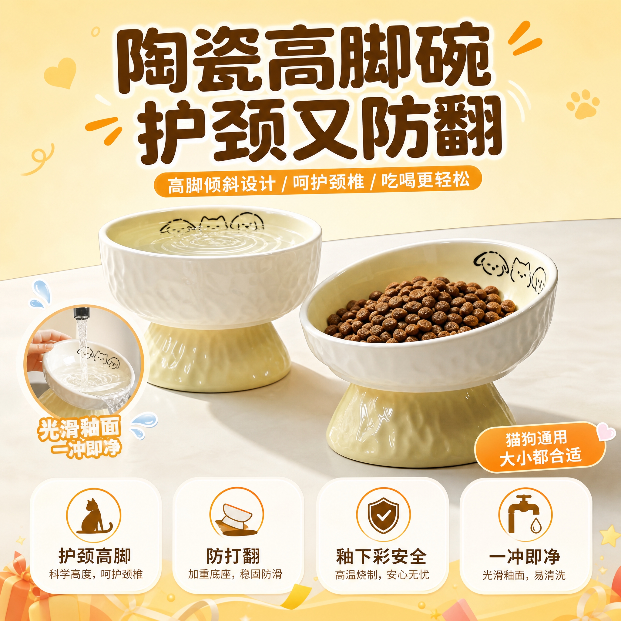 [主图-5] 拼多多宠物陶瓷高脚双碗收口信任图，核心任务：总结… - 图片创意预览