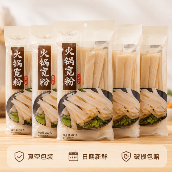 「图片1」，生成一套主图（5张），商品名称是火锅宽粉，卖点是粉质细腻，爽滑弹牙，适配淘宝/天猫平台，主图比例为1:1预览效果