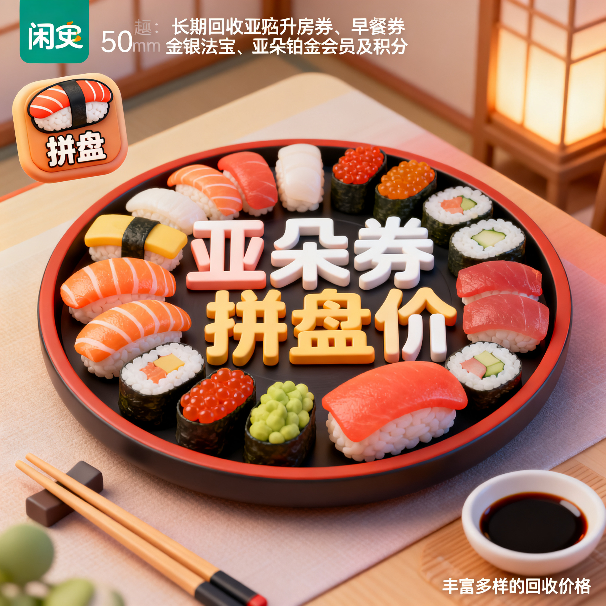 软3D风格，闲鱼大字封面，主题为长期回收亚朵升房券早餐券金银法… - 图片创意预览