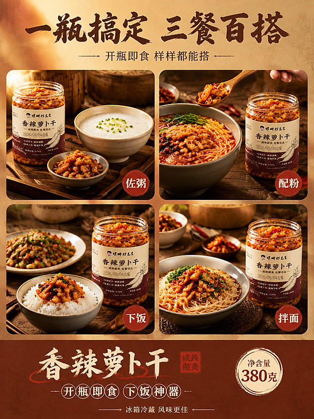[商品] 使用【图14】【图2】香辣萝卜干罐装产品；保留罐体形状、标签设计、品牌Logo、产品名等所有包装元素；增强罐身质感，不改变包装结构和颜色。
[画面] 页面目标：场景种草，场景拼图型，展示佐粥/配螺蛳粉/下饭多种吃法。构图：2x2圆角卡片拼图+底部标题区。四张场景卡片：左上：早餐佐粥场景，一碗白粥旁放小碟萝卜干，罐子在侧；右上：螺蛳粉搭配场景，一碗红汤螺蛳粉，正用勺子舀萝卜干加入；左下：下饭场景，一碗白米饭配家常菜，萝卜干罐在旁；右下：拌面场景，一碗面条，萝卜干作为浇头。每张卡片中产品罐都清晰露出标签。卡片间留暖米色间距。景别：每张卡片中景。阅读动线：从上至下，从左至右。
[视觉] 套系策略：风格=暖调国风食欲感 家常烟火气 商业美食摄影；标题字=粗笔刷书法字 厚重有力 带飞白；正文字=清爽黑体 圆润易读；主色=暖棕红；背景延展=基于暖棕红做深浅渐变、木纹质感、麻布纹理层次；强调色=朱红，仅用于小面积图标、引线、标签和重点数字；标题色=米白/深棕（按背景深浅切换）；正文色=深棕/暖灰；组件=圆角半透明信息卡、细线引线、圆形印章标识；光影=自然暖阳侧逆光 暖调 油亮光泽突出。
[文字] 顶部主标题：一瓶搞定 三餐百搭 粗笔刷书法字 深棕色。副标题：开瓶即食 样样都能搭 暖灰色。四张卡片右下角分别标注：佐粥 配粉 下饭 拌面。底部一行小字：冰箱冷藏 风味更佳。文字清晰，手机端可读，每张卡片内文字不遮挡产品。
[规格] 图片比例3:4竖版，4K，避免变形、错字、文字过小、冷蓝背景、产品颜色改变、包装文字错乱、绝对化用语。