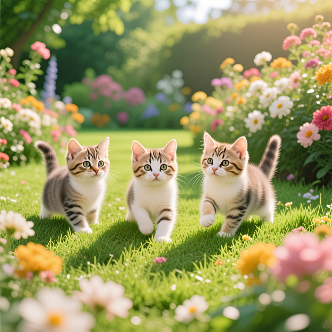 3只可爱的小猫咪在生机勃勃的花园里玩耍，周围有盛开的鲜花和翠绿的草坪，阳光明媚氛围温馨治愈预览效果