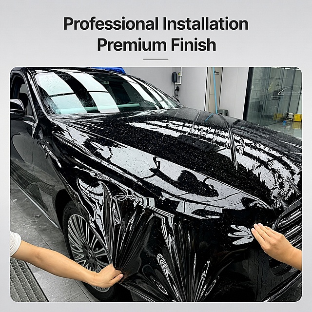 [Main image 5] On-site construction effect of the TPU paint protection film being applied to a black car. From the fourth input image, keep the construction scene and car paint appearance consistent. Bright clean workshop environment, professional technician applying the film to the car hood. The film shows high gloss and perfect conformability. Top title text "Professional Installation Premium Finish", text clear. Low gradient light gray background outside the main scene. 1:1 square ratio, ultra high definition commercial photography quality. Negative prompt: distortion, text disorder, blurry product, messy background, watermark, e-commerce platform logo.