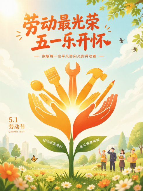 创意五一劳动节宣传海报，主标题文字"劳动最光荣 五一乐开怀"，创意设计：将双手和工具轮廓融合成花朵造型，用暖黄橙红色调，背景是清新的户外春日场景，风格简约治愈，温暖有新意，比例3:4，分辨率2K预览效果