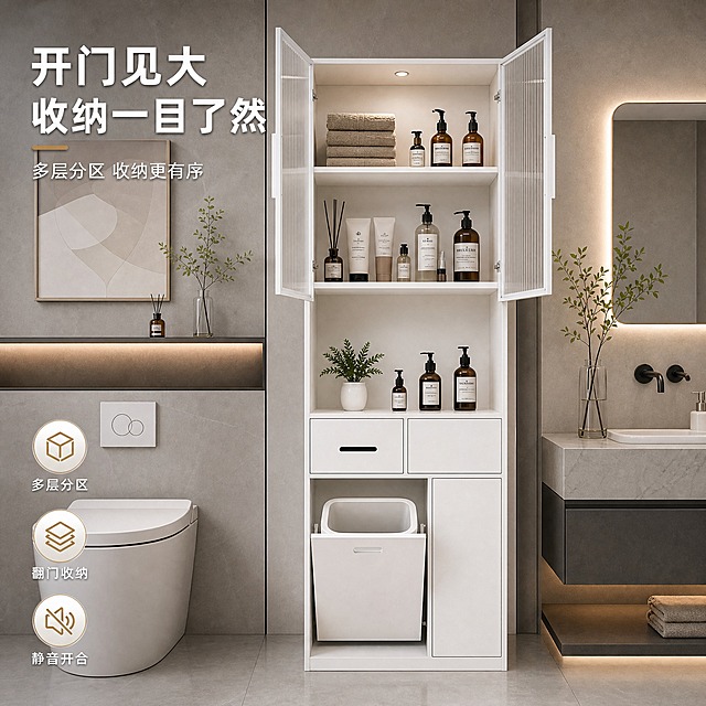 [主图4-1:1] 白色长虹玻璃壁龛开门状态展示，淘宝1:1正方形高点击率主图，卫生间干区收纳场景。

[画面主体] 白色长虹玻璃双开门高柜壁龛，双门打开展示内部多层收纳与垃圾桶翻门；保留原图所有结构细节。

[构图版式] 开门展示型，产品居中嵌入干区收纳墙内，双门打开露出内部；左右延伸空间使比例协调。

[文案版式] 左上主标题两行「开门见大 收纳一目了然」，副文案一行「多层分区 收纳更有序」；左下三个圆形图标卖点。

[光影质感] 商业摄影质感，侧前柔光，内部暖光均匀。

[配色] 主色白+高级灰，强调色香槟金。

[比例] 1:1正方形，2K。

[负向] 变形、错字、结构错乱、开门方向错误、悬浮感、水印。