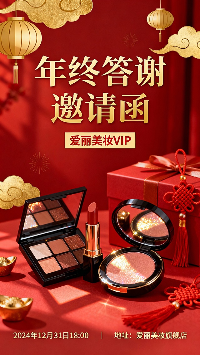 邀请函，新年喜庆的，唯美的，好看的。文字“爱丽美妆VIP”"年终答谢邀请函"