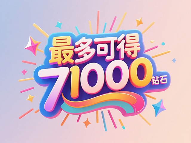 色彩鲜艳的艺术字设计，文字内容为“最多可得71000钻石”，采用活泼醒目的渐变配色方案，字体造型在保持原文字结构基础上增加圆润流畅的曲线变化和几何图形装饰元素，整体视觉效果更具动感和现代感，文字周围配以放射状线条和星形图案增强促销氛围，确保“71000”核心文案内容清晰完整
