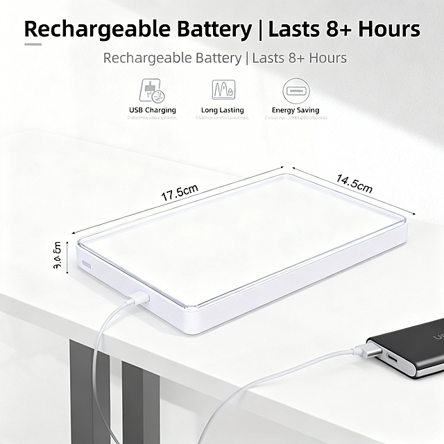 Seventh detail page, show the rechargeable battery advantage. Product must be 100% same as original. Show the product connected to a USB power bank for charging, placed on a simple desk. Prominent English title: "Rechargeable Battery | Lasts 8+ Hours", bold font, upper area. Three small icons below: USB Charging, Long Lasting, Energy Saving, with brief text labels. Slice style background, product not cut, clean and bright, 800x800.