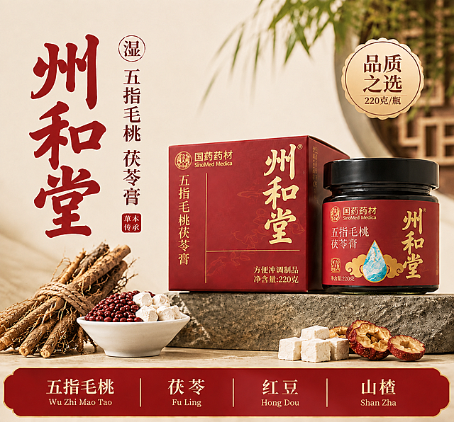 将图中前景的配料替换为图二（州和堂产品图）中的配料：左侧是一捆用麻绳捆绑的五指毛桃根，旁边白色小碗里装着红豆和茯苓块，右侧是茯苓块和切开的山楂干。去掉原图中的桑葚、黑色膏体碗和原有零散配料，保持整体场景、光影、石台和背景不变，配料摆放自然真实，与环境光影协调。底部配料栏的文字也对应替换为：五指毛桃、茯苓、红豆、山楂。