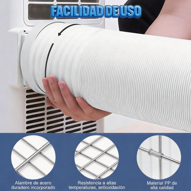 将图中文字替换为西班牙语：FACILIDAD DE USO，Alambre de acero duradero incorporado，Resistencia a altas temperaturas预览效果