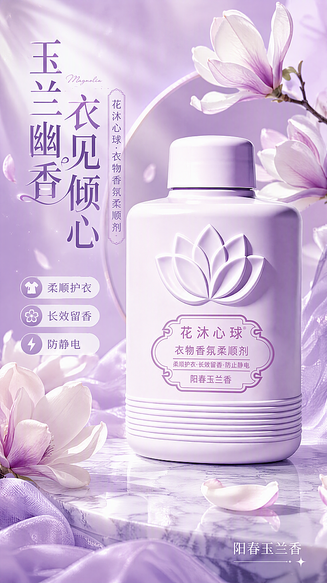[第1张] 详情页头图主视觉 - 花沐心球衣物香氛柔顺剂（阳春玉兰香）产品全貌海报。本张使用【图1】作为商品主体。
[氛围/风格] 高级轻奢香氛风，淡紫色玉兰主题，柔雾朦胧质感，商业摄影级高级感，让人眼前一亮的精致美学氛围。
[元素布局] 产品瓶身置于画面中央偏右，占比约55%，正面微侧45度展示；左侧与背景环绕盛开的玉兰花花瓣、柔紫光晕和轻纱织物；底部为浅紫色大理石质感台面，散落几片玉兰花瓣；瓶身浮雕莲花图案清晰呈现，包装文字完整可读，产品物理结构、颜色、比例与输入图完全一致。
[光影质感] 左上方柔和主光，右侧辅光勾勒瓶身轮廓，底部自然投影，整体通透有呼吸感，瓶身紫色釉面呈现高级珠光质感。
[配色色系] 全局底色 #E8DFF5 淡紫渐变；主色薰衣草紫 #B8A4D9；辅助色玉兰白 #F5F0FF、深紫点缀 #7B68A8。
[视角构图] 正面微仰视，产品为绝对视觉中心，阅读动线左上标题 → 中央产品 → 底部氛围。
[文字版式] 左上标题区竖排与横排结合。主标题「玉兰幽香 衣见倾心」，副标题「花沐心球衣物香氛柔顺剂」，衬线字体优雅大气；左下角三枚胶囊信息条：「柔顺护衣」「长效留香」「防静电」；右下角标注「阳春玉兰香」。文字不遮挡瓶身主体，字号清晰手机可读。
[比例分辨率] 9:16 竖版比例，4K 分辨率，文字清晰可辨，高清画质。
[负向提示词] 瓶身变形，缺件错件，颜色偏差，包装文字错乱，水印，文字过小，背景杂乱，产品图模糊。