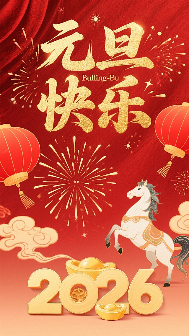 设计一张海报，主体颜色是红色和bulingbuling金黄色，正上方金黄色大大的“元旦快乐”文案，背景有灯笼烟花和不规则的闪金色底纹，一个马生肖的插画放在图的右下方，“2026”文案放图下中的位置，整体海报呈现新年气派，画面整体看着协调流畅