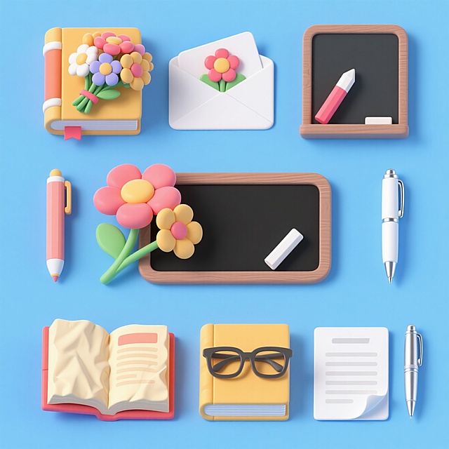 6个物品组合。第一个书本和一束花；第二个贺卡和花；第三个黑板和粉笔；第四个笔和展开的书本；第五个试卷和花；第六个眼镜、书本和钢笔。浅蓝色背景，上下两行，排列整齐