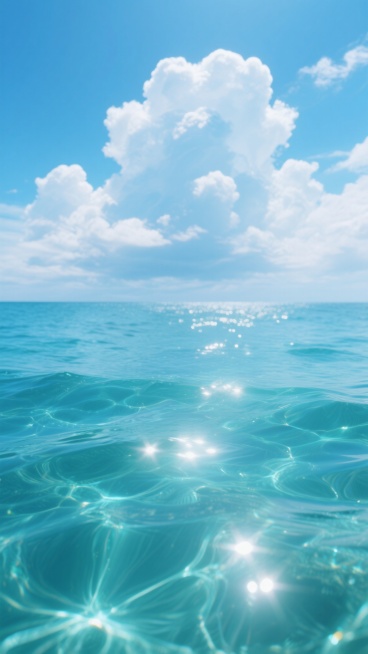 超写实主义风格的海面场景，清澈透明的蓝绿色海水，阳光穿透水面形成波光粼粼的光斑效果，水面下可见清晰的波纹和光影折射，上方是广阔的蓝天和蓬松的白色云朵，整体画面呈现宁静而明亮的氛围，海水呈现出深浅不一的蓝色渐变，光影效果细腻真实，具有极高的细节质感和立体感。预览效果