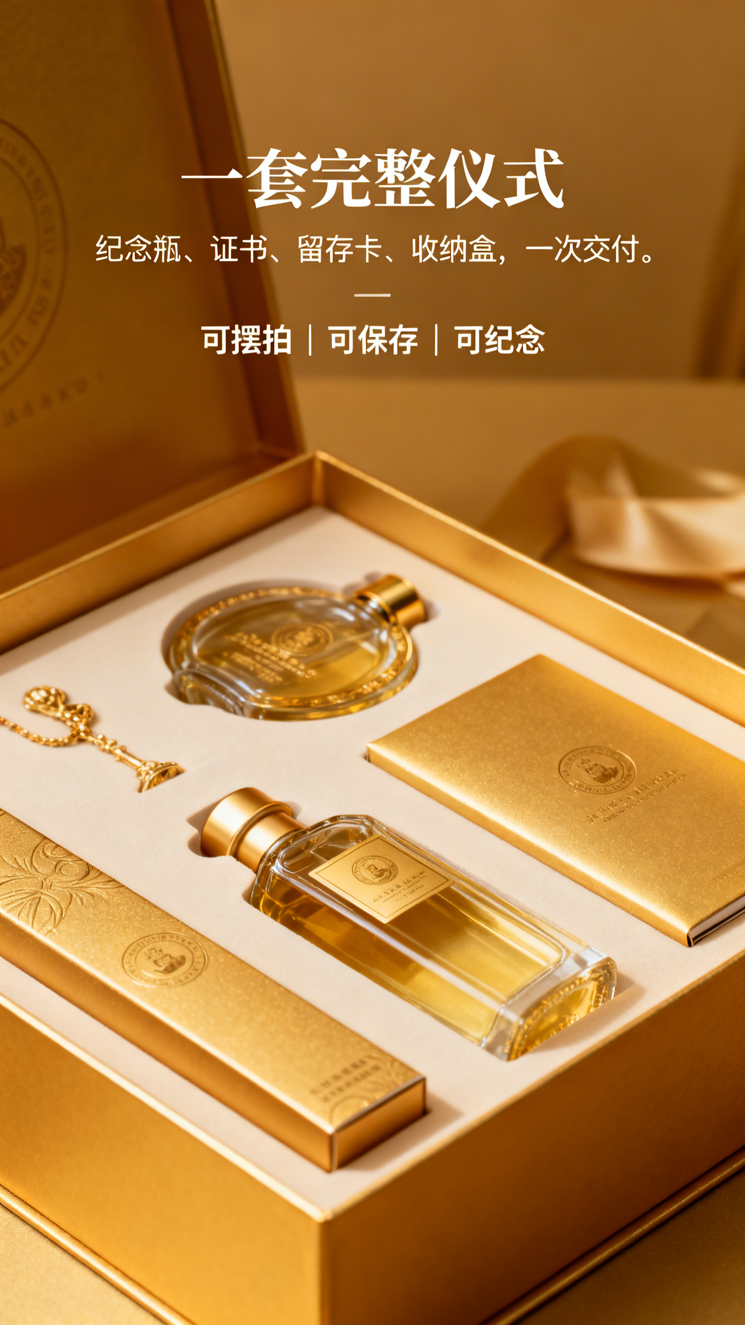 精致礼盒风格页面，暖金色调，标题“一套完整仪式”，副文案“纪念… - 图片创意预览