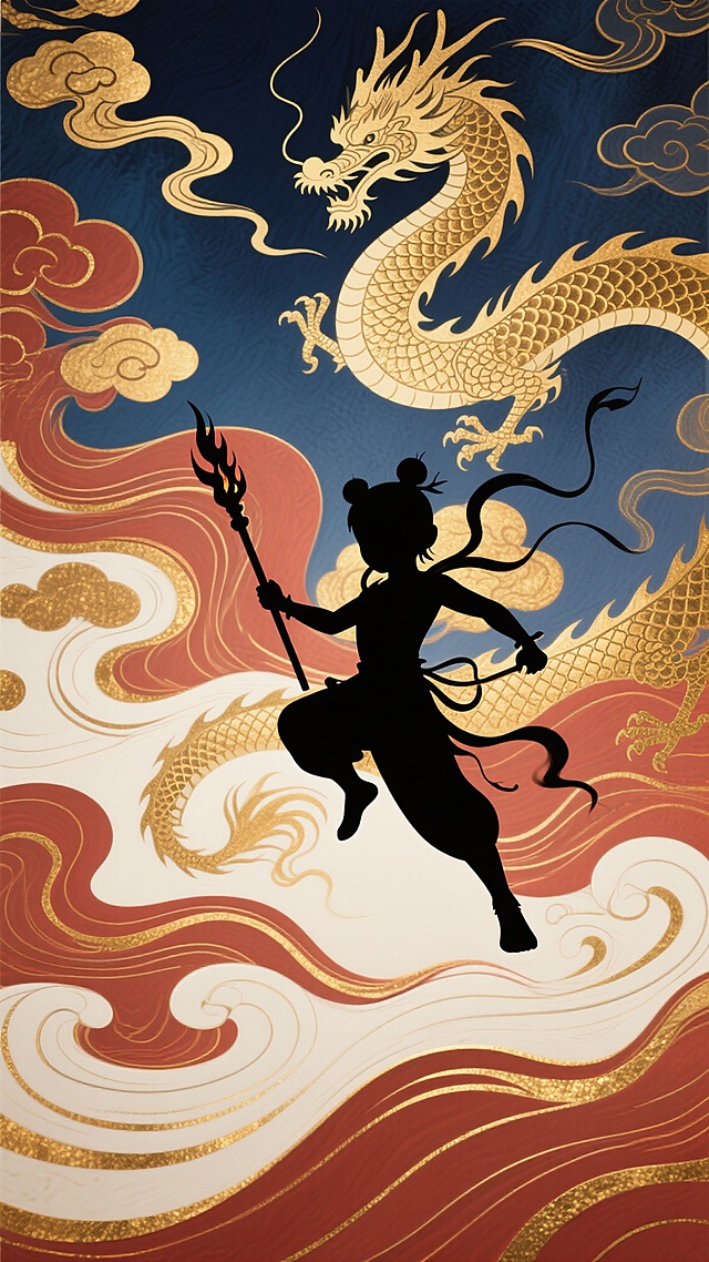 中国传统风格流体艺术背景，以深蓝、赭石红、米白为基调，点缀大量金色流线型纹理，呈现出流动感十足的云纹与波浪图案，色彩过渡自然柔和，光影层次丰富，金色纹理具有金属光泽质感，整体营造出庄重典雅又不失灵动飘逸的氛围。画面中融入哪吒与龙纹的剪影元素，哪吒剪影位于画面视觉焦点位置，姿态灵动，手持火尖枪或混天绫的标志性元素隐约可见，龙纹剪影环绕其周围或与之互动，龙身蜿蜒盘旋，鳞片细节通过金色线条勾勒，与背景的云纹波浪图案自然融合，保持整体构图的平衡与和谐，所有元素均以剪影形式呈现，边缘清晰，与背景的流体纹理形成鲜明对比又相互呼应。