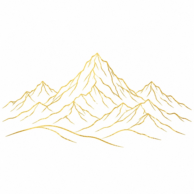 一幅只有金色线条绘制的山脉图，简约线条风格，干净纯白背景，金色线条勾勒出山峦轮廓