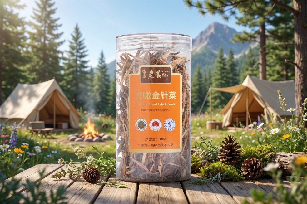 保持罐装虎噉金针菜的形状和尺寸不变，将背景替换为自然清新的户外营地场景，整体氛围自然健康，突出产品作为国家地理标志保护产品的原生态属性预览效果