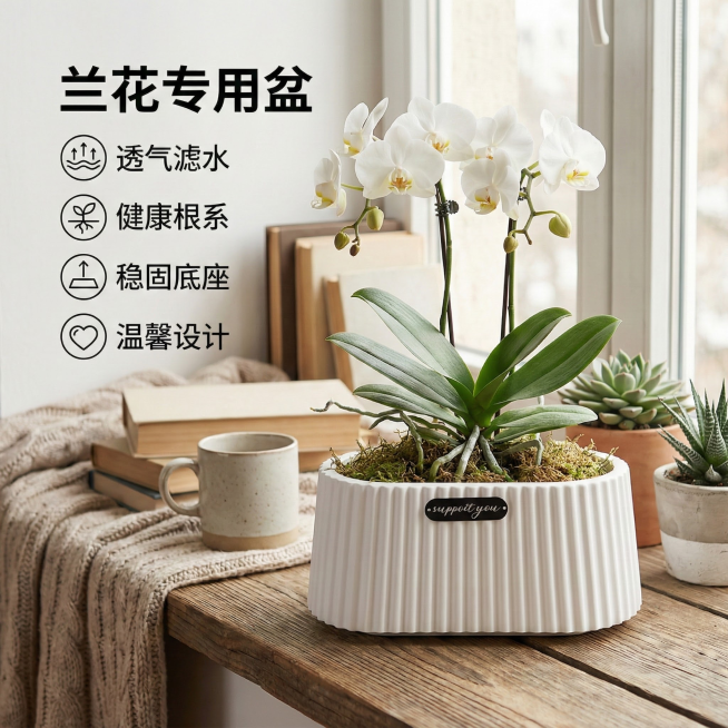 为兰花花盆，生成一张可以用于电商的温馨感卖点图，结合实景使用场景，卖点列表展示，图片比例1:1。预览效果
