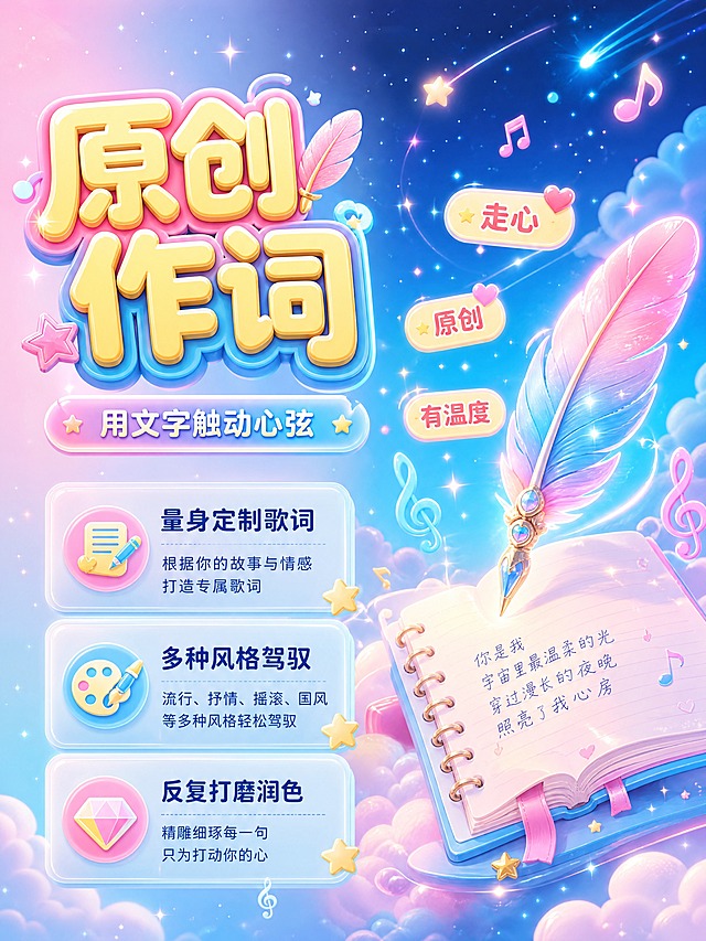 [商品] 使用【图1】【图2】作为音乐服务视觉风格参考；保留3D立体字、音符等可爱梦幻元素；仅聚焦作词服务板块；去掉紫色主色调，改为粉蓝梦幻色系；不照搬原图版式，采用左文右图全新构图。
[画面] 作词服务专页，3:4竖版，左侧60%为文案区，右侧40%为创意场景插画，场景中有漂浮的羽毛笔、展开的歌词本、发光音符，背景是梦幻星空与云朵，阅读动线从左到右。
[视觉] 套系策略：风格=梦幻可爱3D卡通风格；标题字=圆润立体粗体字，带柔和描边和发光效果；正文字=圆润可爱无衬线体；主色=粉蓝渐变（樱花粉+天空蓝）；背景延展=深邃星空渐变+闪烁星光+漂浮彩色音符+柔和云层；强调色=鹅黄色，用于标题字和小面积图标高光；标题色=鹅黄立体字带粉蓝渐变描边；正文色=深靛蓝色；组件=圆角半透明信息卡、发光引线、星星装饰；光影=柔和顶光+四周轮廓光，整体通透梦幻。
[文字] 左侧上方主标题「原创作词」，副标题「用文字触动心弦」，下方三个卖点短句：「量身定制歌词」「多种风格驾驭」「反复打磨润色」，右侧场景中点缀小标签「走心」「原创」「有温度」，所有文字横排。
[规格] 图片比例3:4竖版，4K分辨率，负向提示：紫色、紫色调、混音、代唱、伴奏、录音、变调、变速、错字、文字模糊、侵权元素、照搬原图版式、竖排文字。