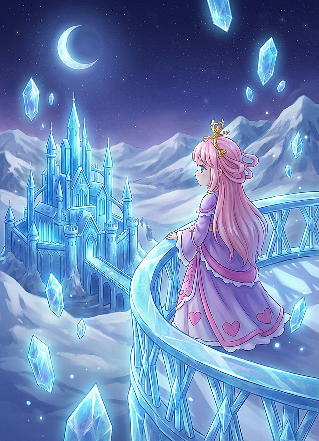 梦幻唯美的插画风，粉色长发少女立于冰晶桥上，远眺哥特式水晶城堡，夜空星月辉映，漂浮晶石闪烁，营造出浪漫清透的虚拟现实感。