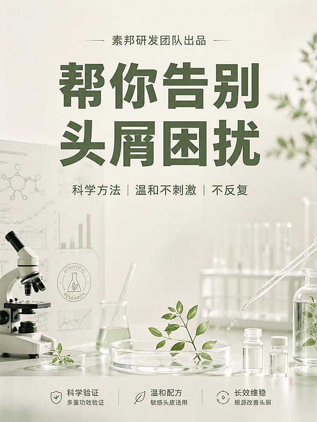 3:4竖屏图文，高级简约实验室风，整体为统一米白加浅茶绿色调。顶部小字文字：素邦研发团队出品，中间超大加粗标题文字：帮你告别头屑困扰，底部小字文字：科学方法｜温和不刺激｜不反复。整体画面干净通透，呈现专业权威感，文字清晰。