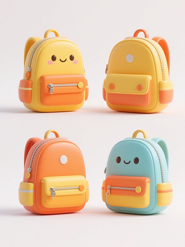 4个不同配色、不同样式的卡通风格书包，保持3D渲染的光滑塑料质感，每个书包都有独特的主色调和撞色搭配，包含黄色、橙色等亮色元素，书包设计有翻盖口袋、金属质感拉链和圆形按扣，整体造型圆润可爱，以整齐的矩阵排列在纯白色背景上，光线柔和均匀，无阴影，突出书包的立体感和色彩鲜艳度，类似产品展示图的简洁构图，强调物品的清晰轮廓和材质细节。