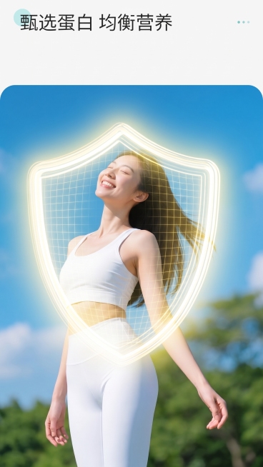 参考图2的盾牌发光网格效果，在图1女性身体外增加淡黄色发光盾牌效果，表达免疫力防护，保留原图女性主体、蓝天白云背景和整体构图不变预览效果