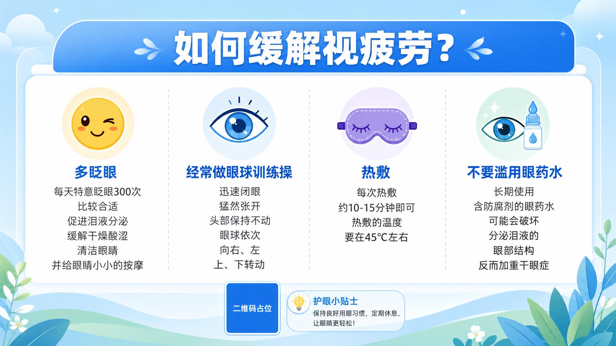 重新设计一张缓解视疲劳科普海报，横版16:9，清新医疗科普风，… - 图片创意预览