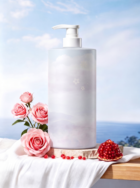 去除洗发水瓶身的所有文字文案，保持瓶身的原始浅灰白色渐变和花朵装饰，其余场景元素粉色玫瑰花、红石榴、背景蓝天大海和台面布都保持原样不变预览效果