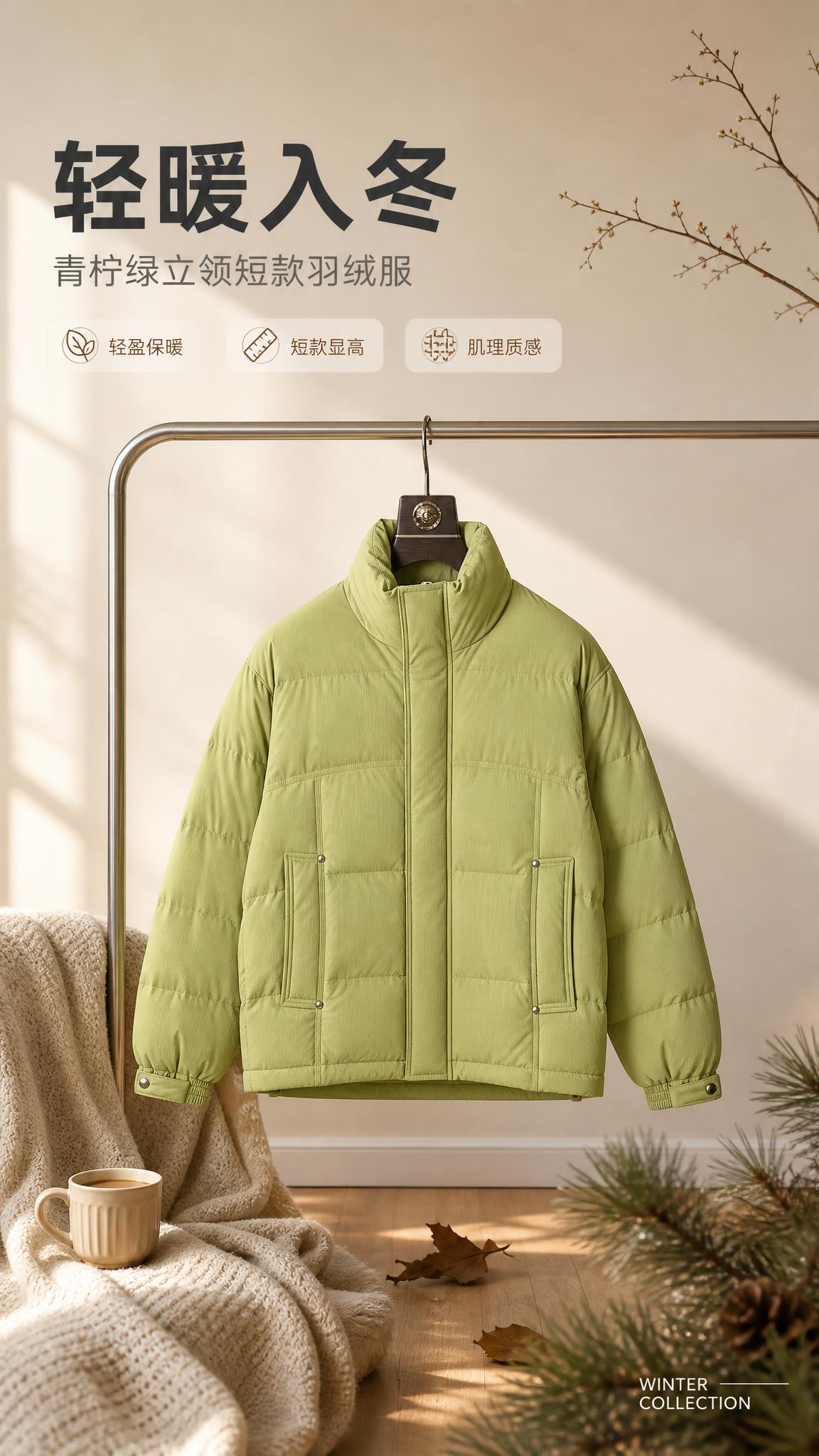 [商品] 使用【图1】青柠绿立领短款羽绒服；商品处理：保留立领… - 图片创意预览