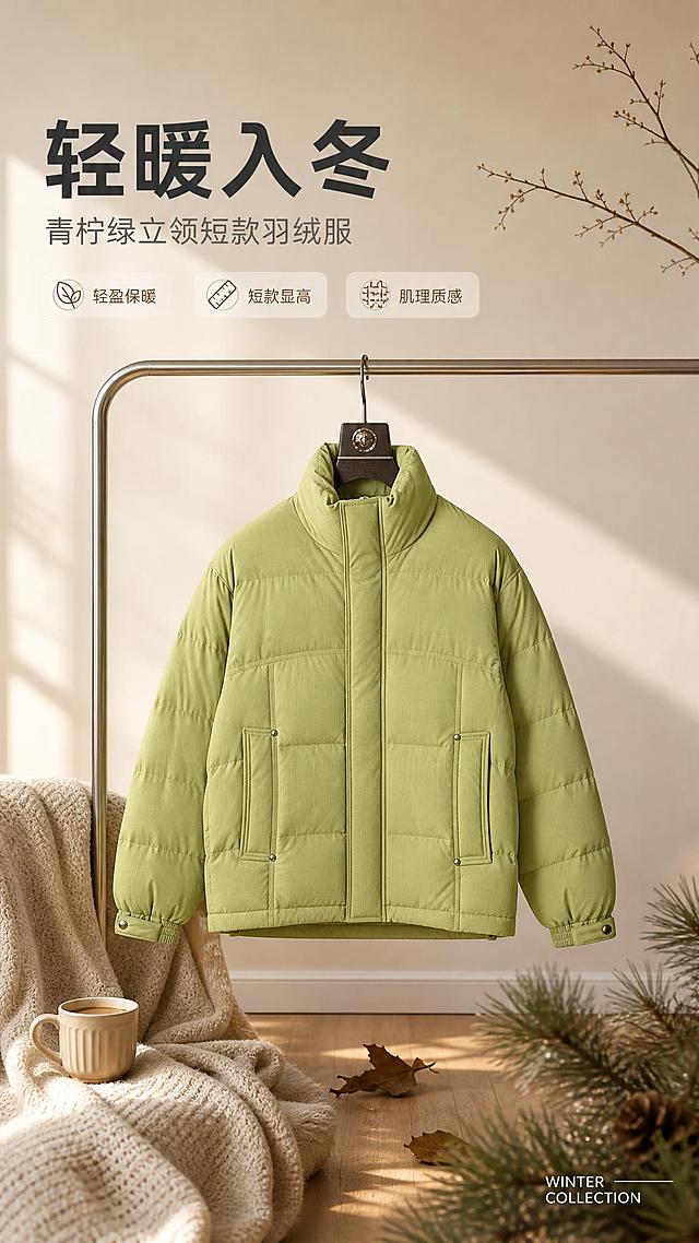 [商品] 使用【图1】青柠绿立领短款羽绒服；商品处理：保留立领、前门襟、双侧铆钉口袋、松紧袖口、短款廓形、青柠绿颜色和肌理感面料；自然去除衣身杂乱褶皱，理顺版型垂坠感，增强面料肌理纹理、缝线、金属铆钉和五金质感，不改变版型、颜色和结构。
[画面] 目标：冬日氛围感风格头图海报，突出产品全貌与高级感。构图：上中下三层，上方留白放标题，中部产品为视觉核心占画面55%，下方场景延伸。产品正面展示，挂于简约金属衣架，背景为暖调冬日室内场景，有柔和自然光从左侧洒入，搭配米色针织毯、木质地板、一杯热咖啡等冬日道具营造氛围。前景点缀松枝与落叶，中景为产品主体，后景为暖灰色墙面与柔和光影。阅读动线：从上至下。
[视觉] 套系策略：风格=韩系简约高级冬日杂志风；标题字=现代简约无衬线粗体；正文字=纤细无衬线体；主色=青柠绿+奶杏色；背景延展=基于奶杏色做深浅层级、同色渐变和细腻织物/纸张质感；强调色=焦糖棕，仅用于小面积图标、引线和标签；标题色=深炭灰；正文色=中暖灰；组件=圆角浅底信息卡、细线引线、手写英文装饰；光影=左前侧暖柔自然光，柔和阴影。
[文字] 左上区域主标题"轻暖入冬"，副标题"青柠绿立领短款羽绒服"，下方3个短卖点"轻盈保暖""短款显高""肌理质感"，右下角小号英文装饰"WINTER COLLECTION"；文字不遮挡产品主体、领口和口袋，全部横排。
[规格] 图片比例9:16竖版，4K，避免变形、错字、文字过小、冷蓝背景、衣服颜色改变、版型失真、白底、水印、二维码。