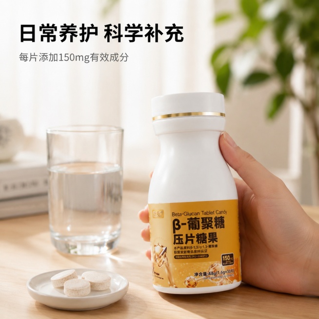 「图片1」，生成一套主图（5张），商品名称是β-葡聚糖压片糖果 ，卖点是超级益生元，重塑肠道菌群平衡；免疫黄金，增强免疫力;核心原料β-1,3/α-1,3-葡聚糖获美国FDA-GRAS认证，欧盟认证，预览效果