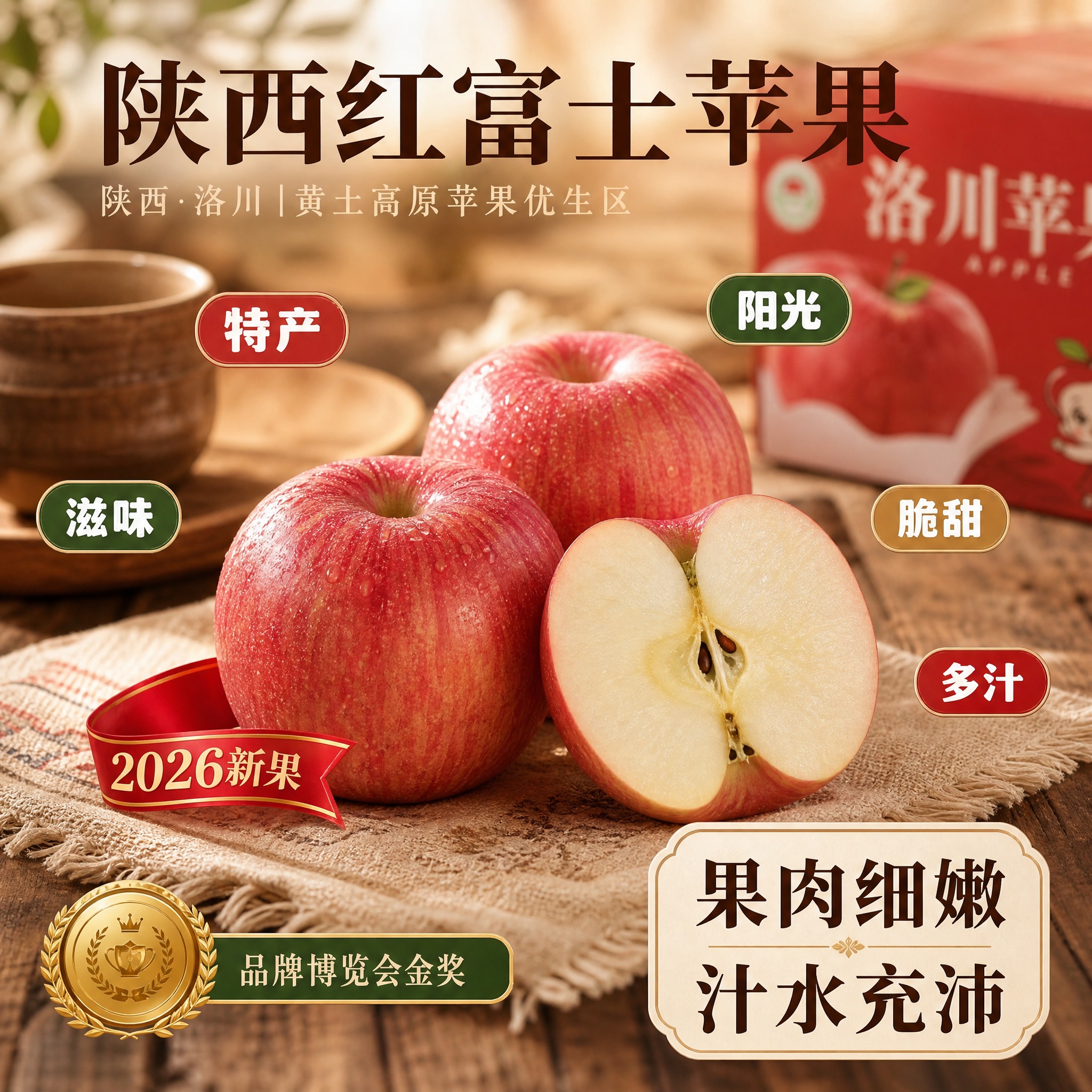 [主图-85] 老旧木质餐桌场景陕西红富士苹果京东生鲜主图，核… - 图片创意预览