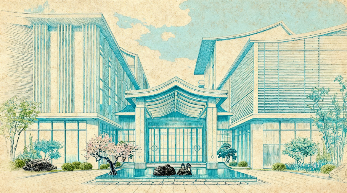 将第一张图的新中式建筑大门画面，转换为第二张图的手绘线条素描风格，保持原建筑构图和结构不变，采用青蓝色线条在米色纹理底纸上绘制，保留手绘排线的工艺感预览效果