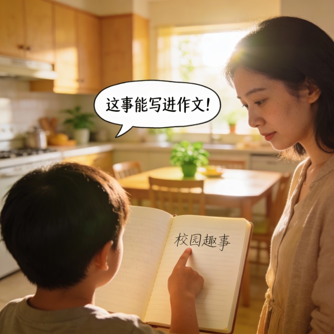 Back view of a child pointing at notebook, saying to mom: "这事能写进作文！". Warm kitchen background, after预览效果