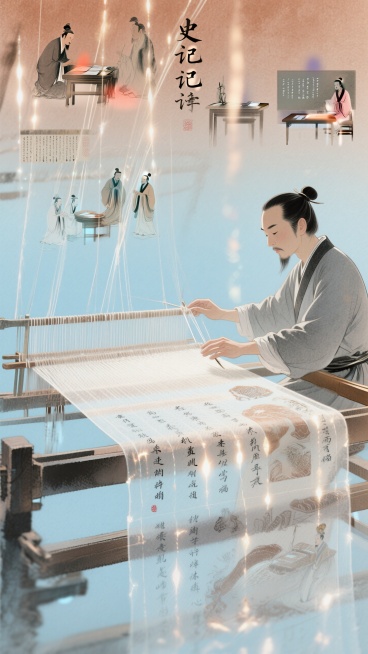 教师操控传统织机，经纬线由史记文字与光纤交织成时光锦缎，织出古今文明对话图案。赭石色与数字蓝。预览效果