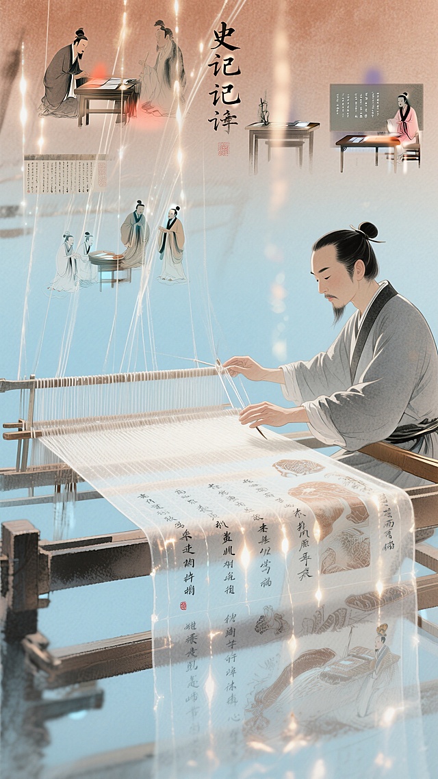 古典插画风，水墨渲染，展现古人织史成诗的雅致场景。