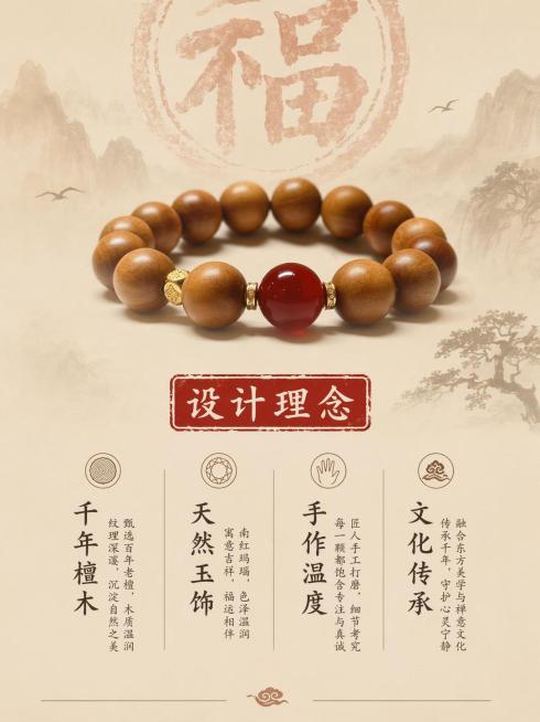 [第2屏] 设计理念页-阐释东方禅意文化。本屏整体排版参考图1的设计理念版式。
[氛围/风格] 雅致中式国风，浅棕暖调，文化氛围感，安静高级
[元素布局] 顶部红色书法福字底纹装饰，中部放置南红映檀手预览效果