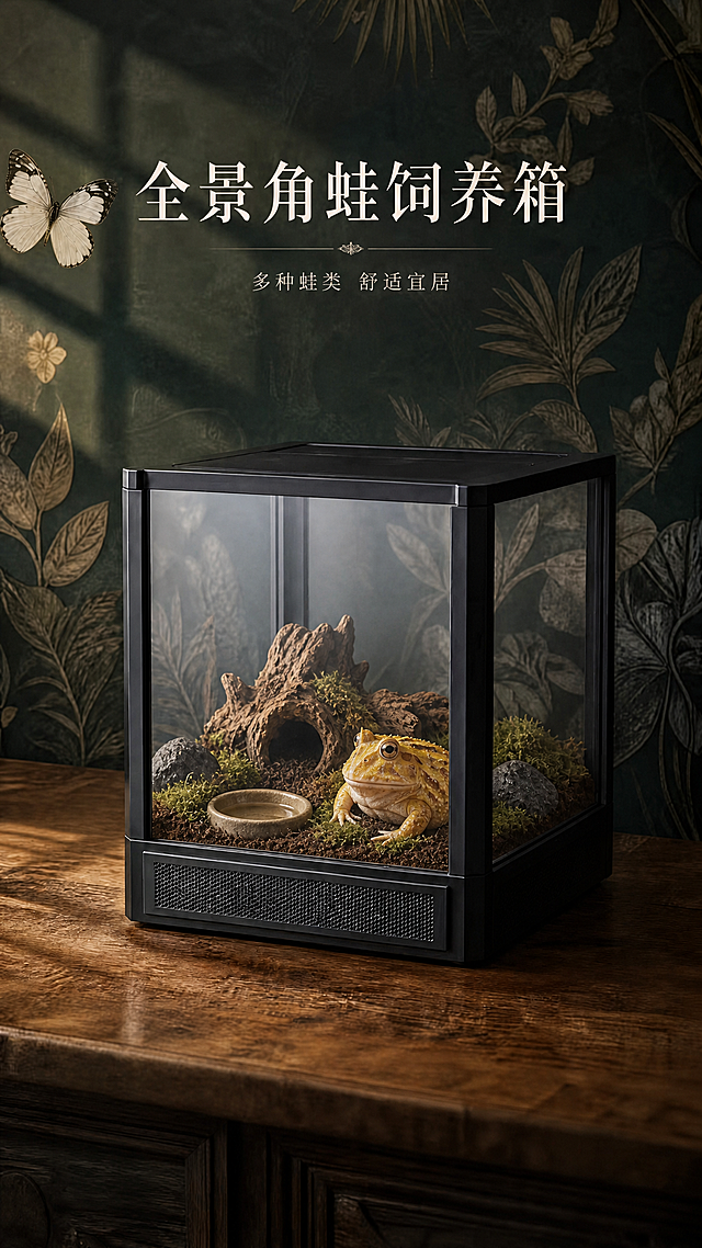 将饲养箱内部的兰花螳螂和树枝造景替换为角蛙饲养造景：箱内底部铺设深棕色椰土，点缀绿色苔藓和几块深色小石头，保留部分枯木作为躲避，右侧蹲坐着一只体型圆润饱满的黄金角蛙，体色金黄带浅褐斑纹，眼睛大而突出，状态健康自然，旁边放一个浅米色的陶瓷小水盆。饲养箱黑色外观、玻璃结构、底部通风网全部保持不变。同时修改文字：顶部大标题“全景螳螂饲养箱”改为“全景角蛙饲养箱”，副标题“七种螳螂 全龄适用”改为“多种蛙类 舒适宜居”。背景的深绿色植物壁纸、白色蝴蝶、木纹台面、窗光光影、整体复古博物风格和色调完全保持一致。