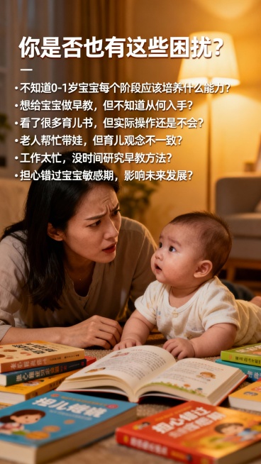 下面是我的商品详情页文案，请根据文案帮我设计商品详情页展示图。
0-1岁分月龄早教课程 · 每天5分钟，科学养育不焦虑

240个游戏视频 + 48期父母课堂，全年仅需99元



你是否也有这些困扰预览效果