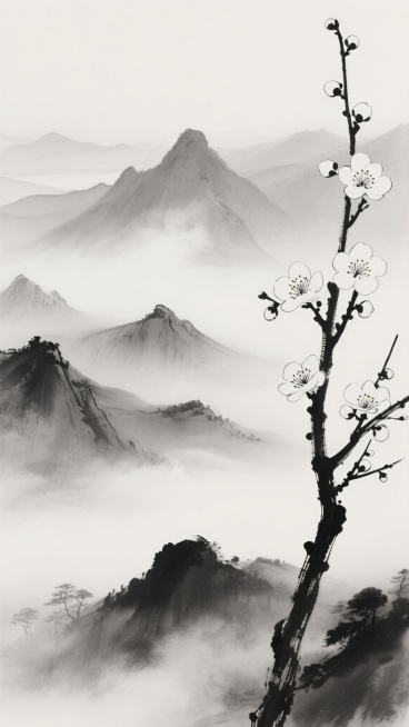 中国水墨画风格，黑白灰三色渲染，画面左侧一枝盛开的梅花，花瓣边缘清晰，花蕊点缀，枝干苍劲有力。远处是层层叠叠的山峦，山峰轮廓用淡墨勾勒，山间云雾缭绕，呈现出朦胧的意境，云雾以留白和淡墨晕染表现，轻盈飘逸。整体构图简洁空灵，意境悠远宁静，营造出淡雅、清幽的东方禅意氛围。预览效果